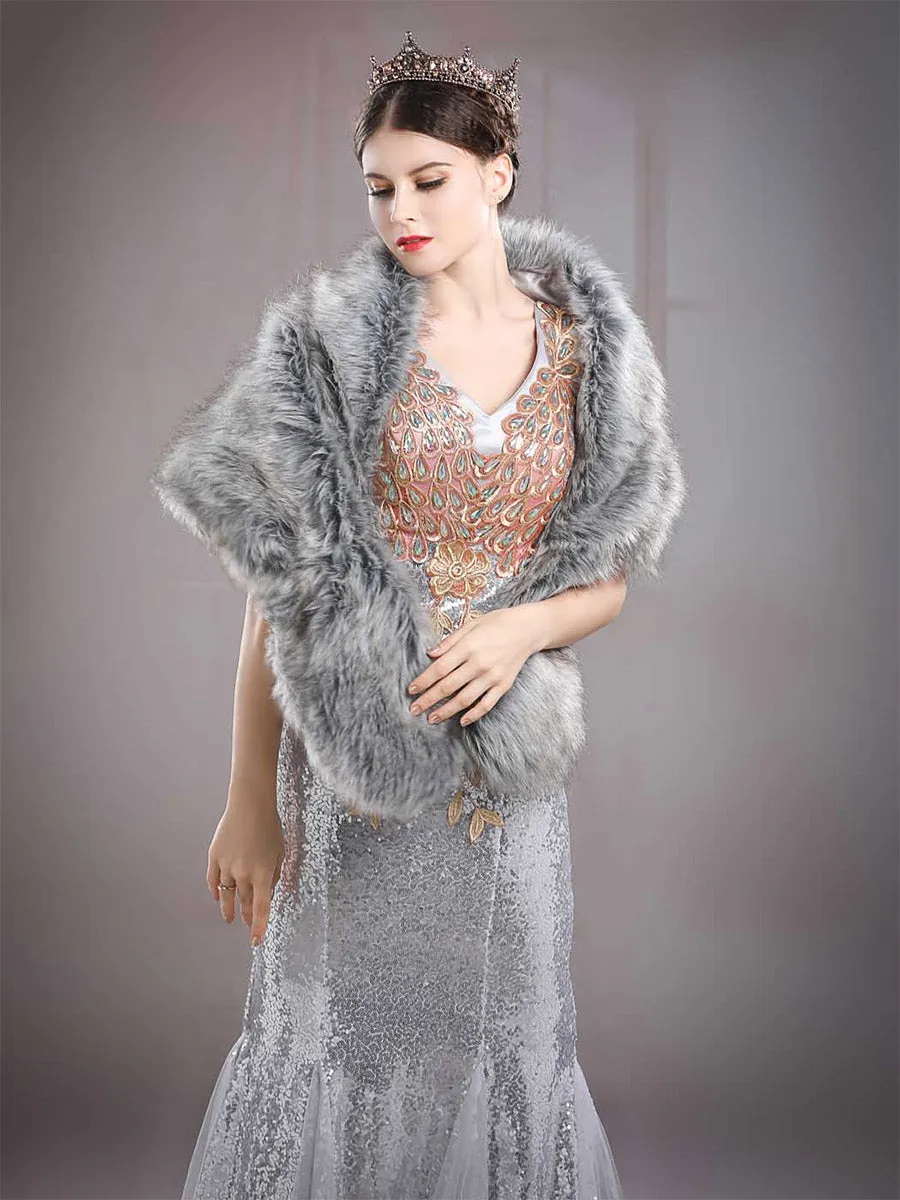 2025 Grey Artificial Fox Fur Wedding Shawl For Women
