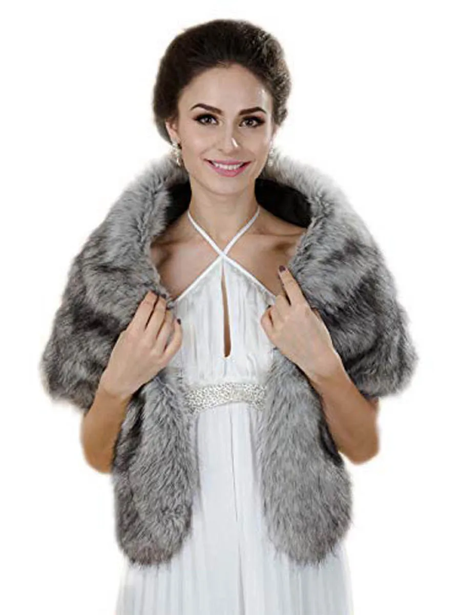 2025 Grey Artificial Fox Fur Wedding Shawl For Women