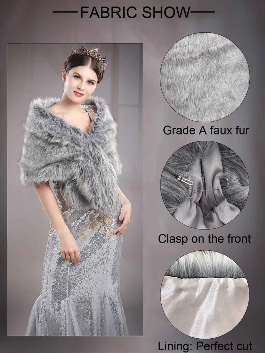 2025 Grey Artificial Fox Fur Wedding Shawl For Women