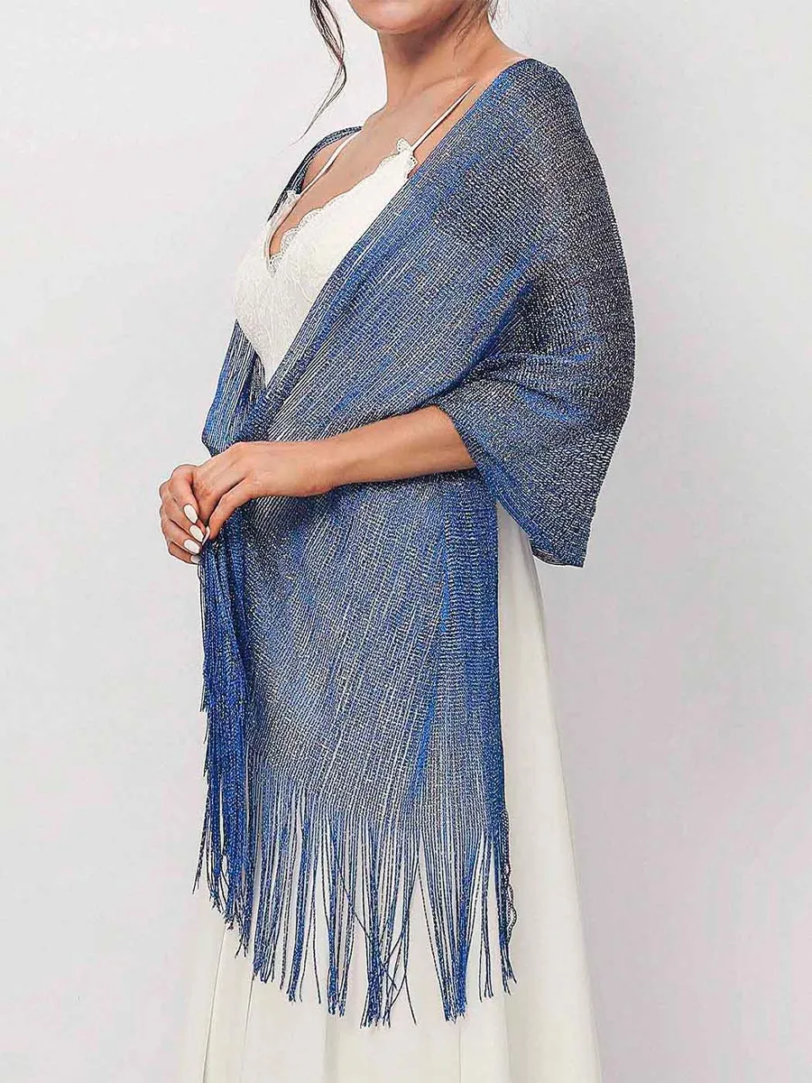 2025 Ladies Dark Blue Shimmery Fringed Wedding Shawl Scarf