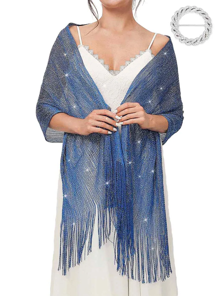 2025 Ladies Dark Blue Shimmery Fringed Wedding Shawl Scarf