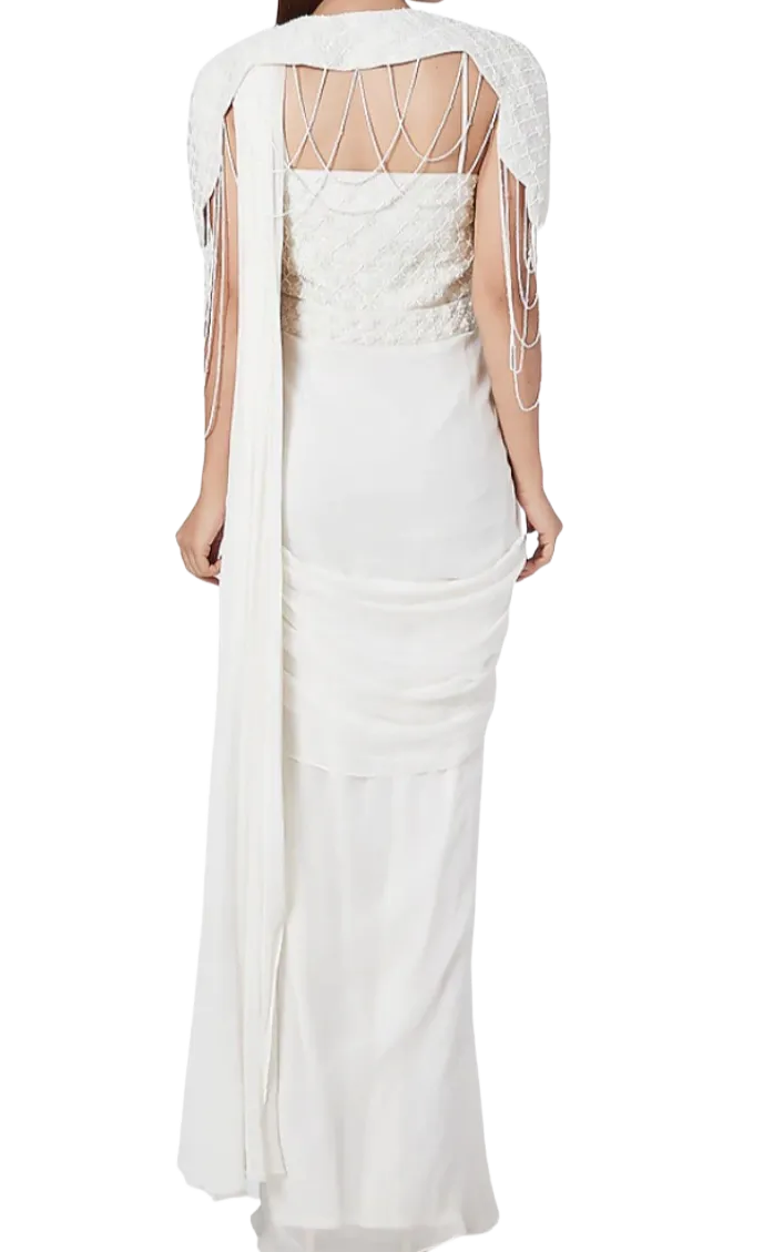 Beaded Ivory Pre-Draped Sari with Cape