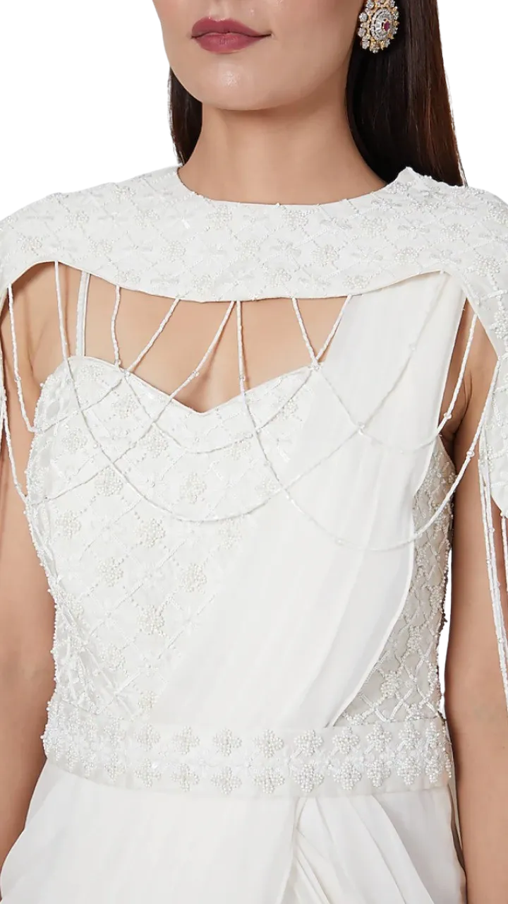 Beaded Ivory Pre-Draped Sari with Cape
