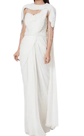 Beaded Ivory Pre-Draped Sari with Cape