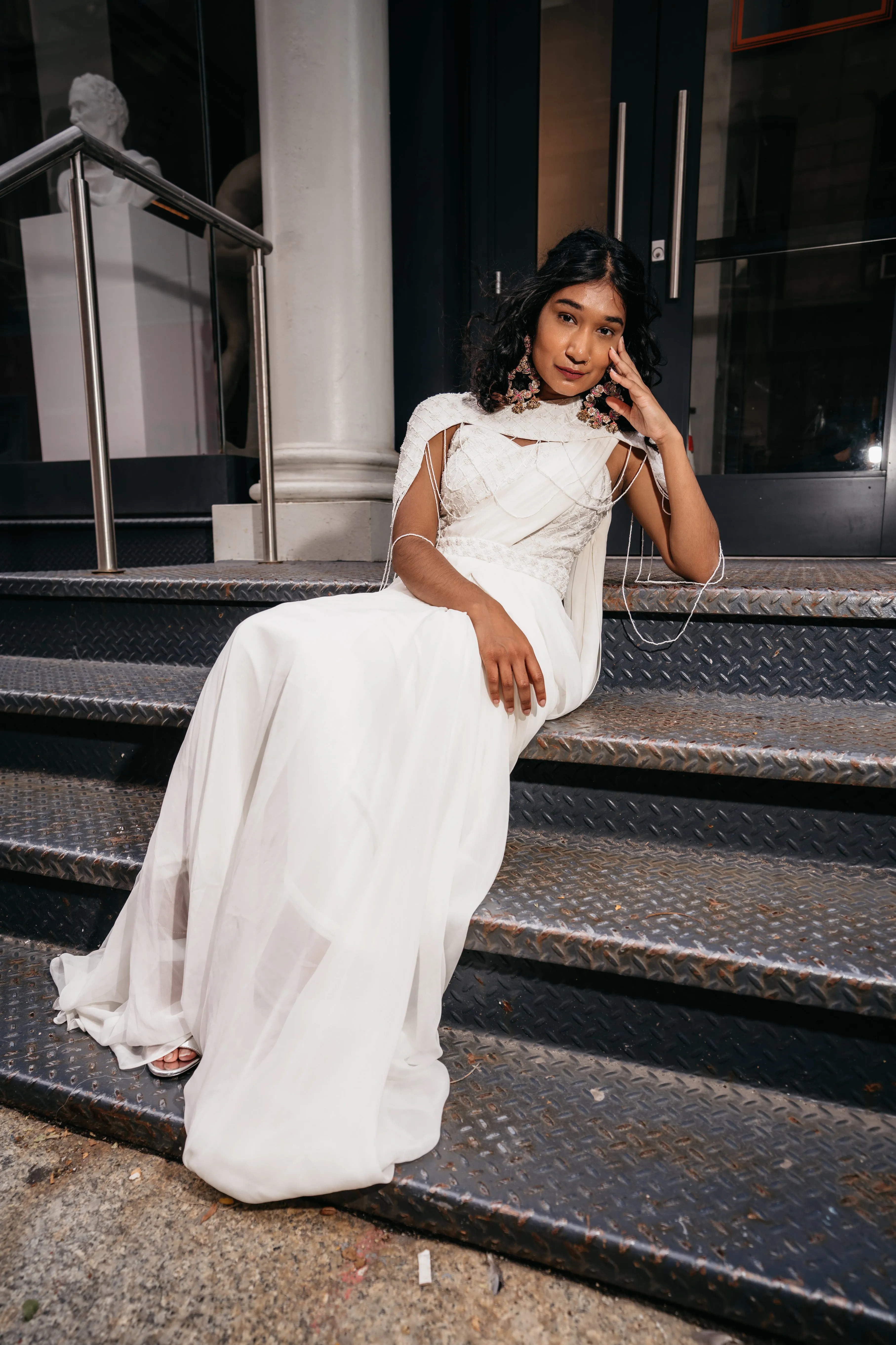 Beaded Ivory Pre-Draped Sari with Cape