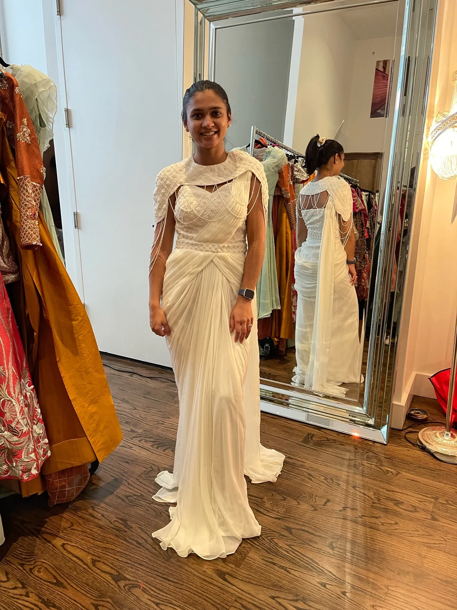 Beaded Ivory Pre-Draped Sari with Cape