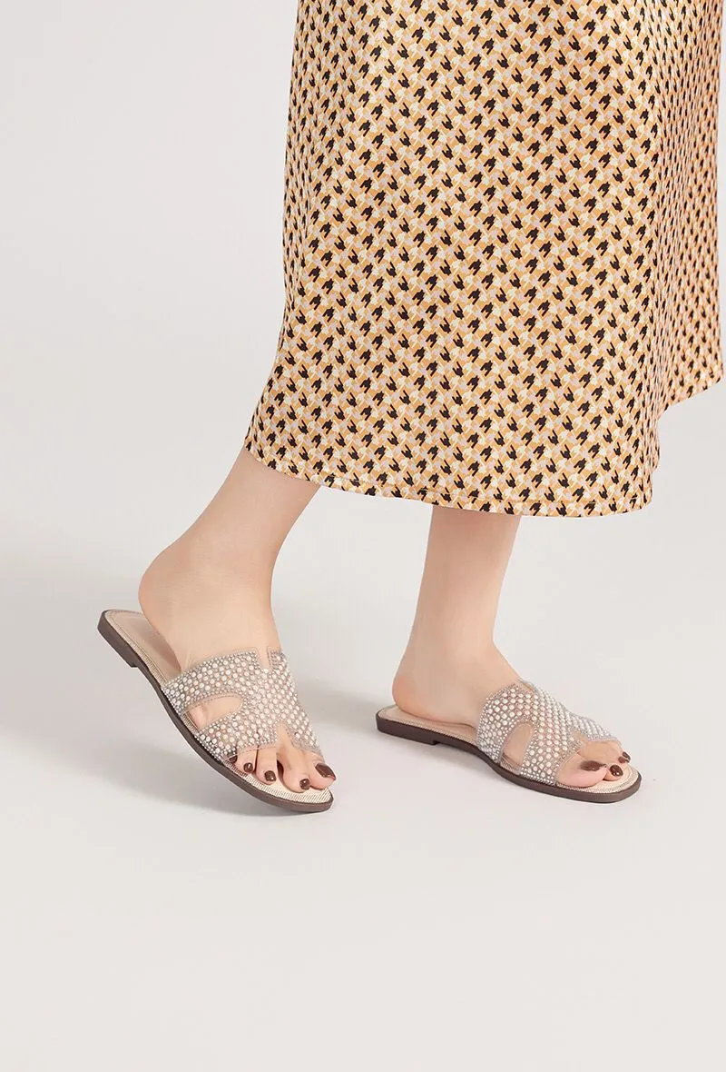 BEIGE FLAT CLEAR STRAP BEADED DECOR SLIDER SANDALS MULES
