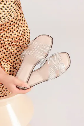 BEIGE FLAT CLEAR STRAP BEADED DECOR SLIDER SANDALS MULES