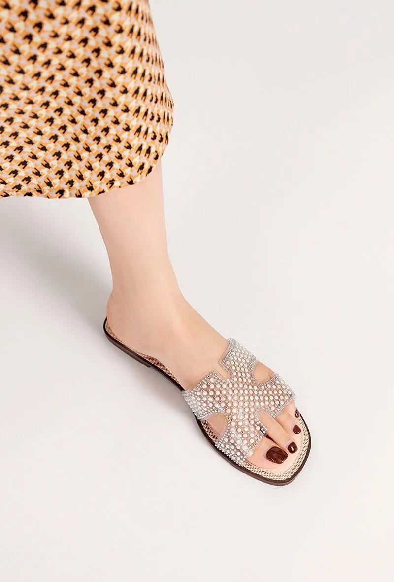 BEIGE FLAT CLEAR STRAP BEADED DECOR SLIDER SANDALS MULES