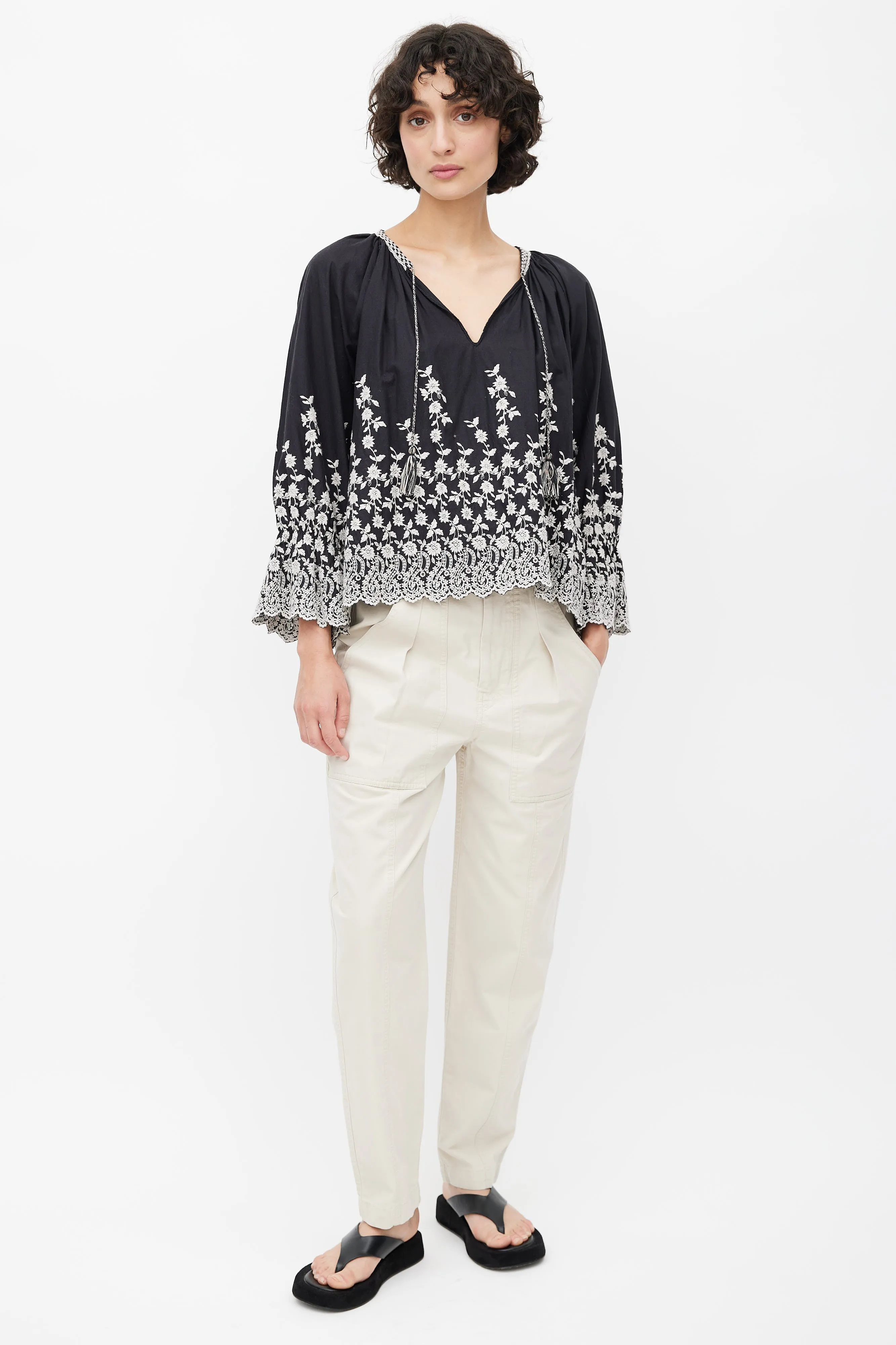 Black & White Floral Embroidered Blouse