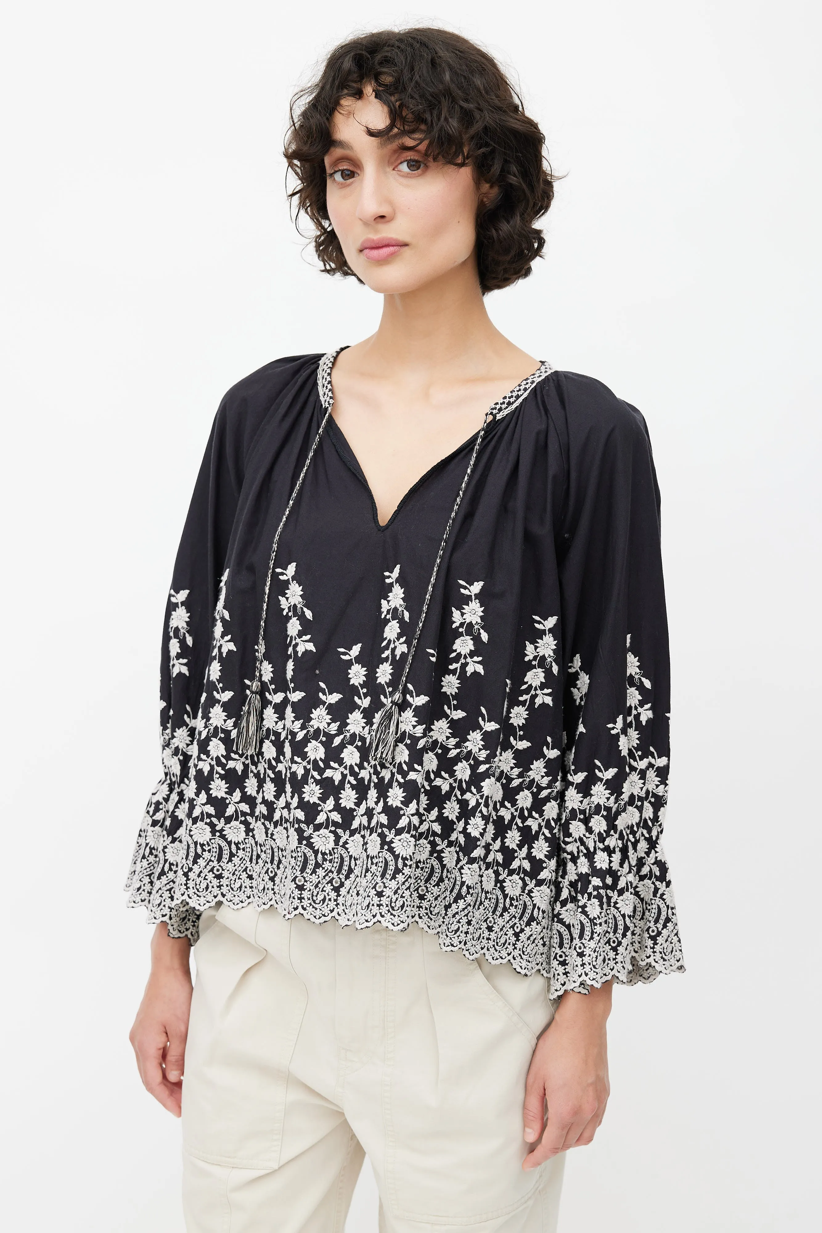 Black & White Floral Embroidered Blouse