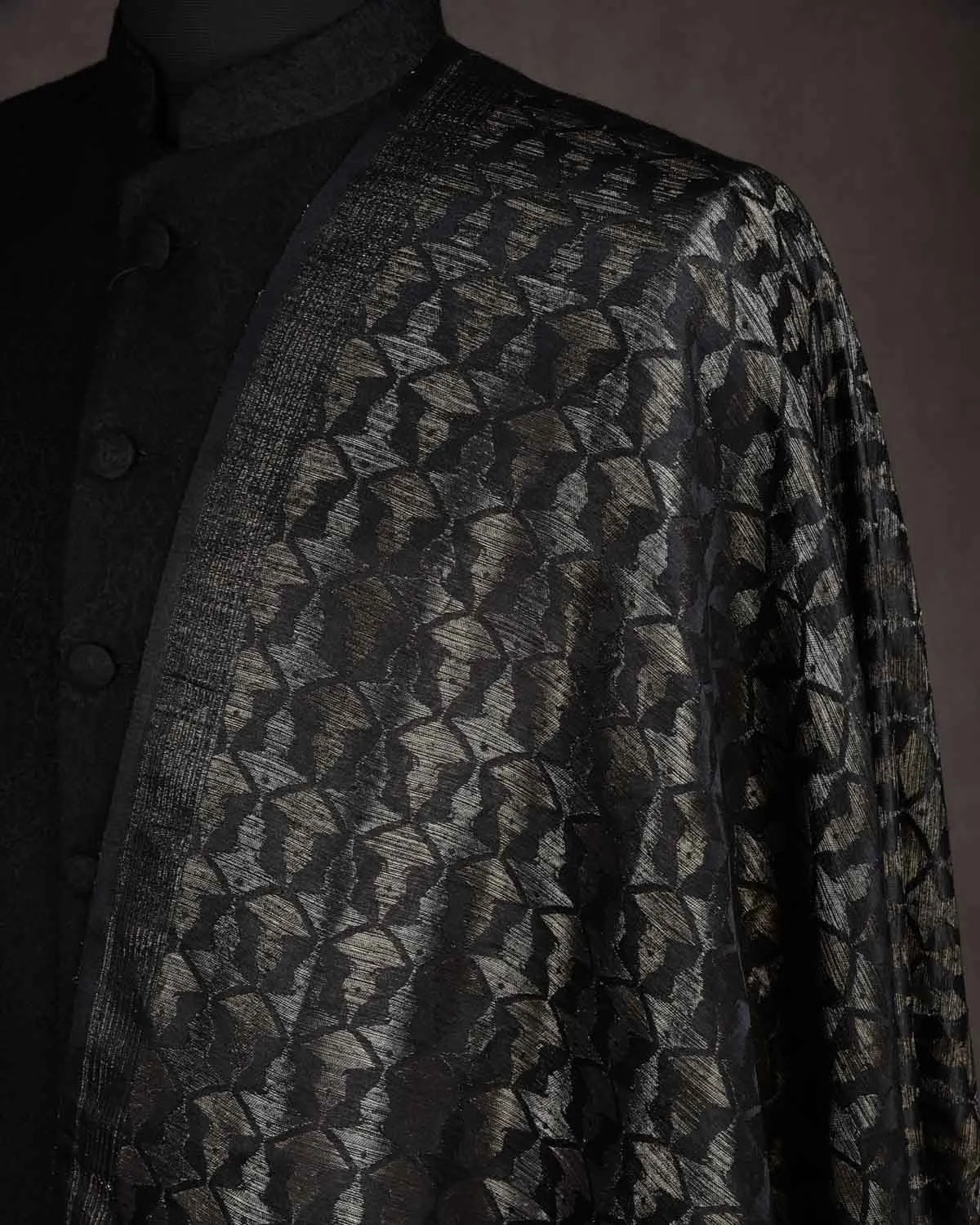 Black Gold & Silver Zari Buddha "Wisdom & Compassion" Satin Brocade Handwoven Silk Wool Unisex Dress Shawl