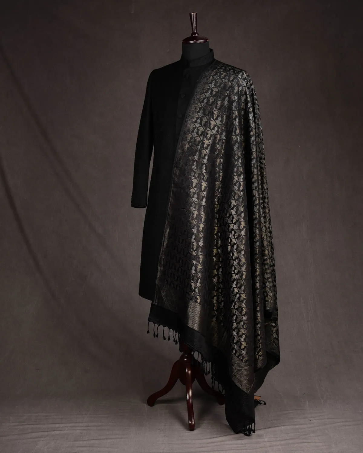 Black Gold & Silver Zari Buddha "Wisdom & Compassion" Satin Brocade Handwoven Silk Wool Unisex Dress Shawl