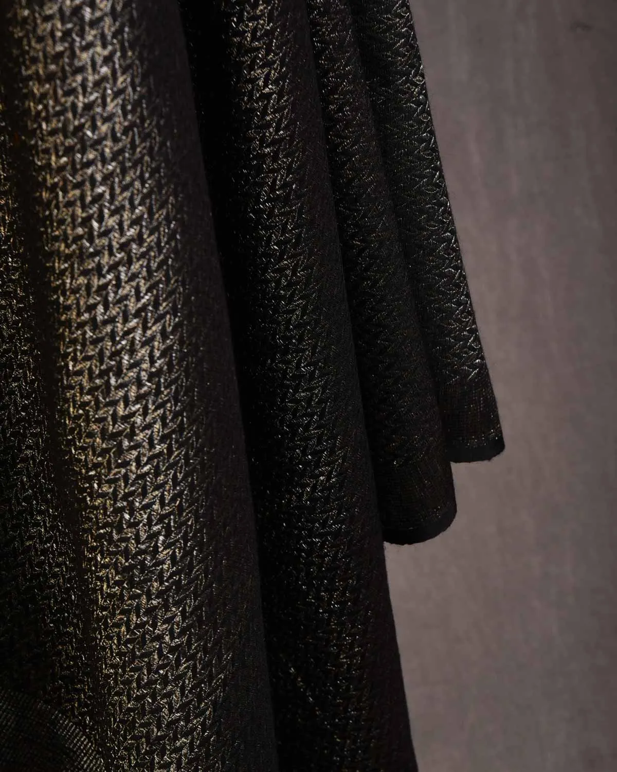 Black Gold & Silver Zari Herringbone Brocade Handwoven Silk Wool Unisex Dress Shawl