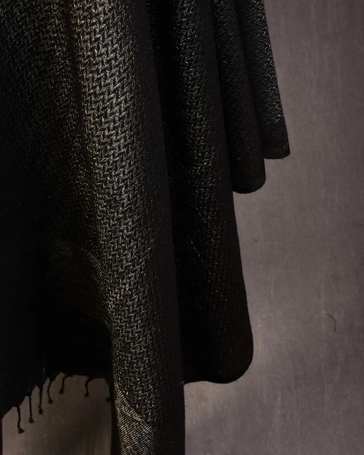 Black Gold & Silver Zari Herringbone Brocade Handwoven Silk Wool Unisex Dress Shawl