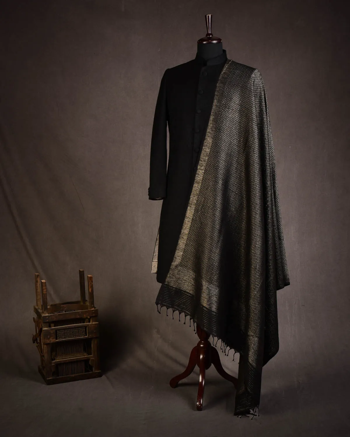 Black Gold & Silver Zari Herringbone Brocade Handwoven Silk Wool Unisex Dress Shawl