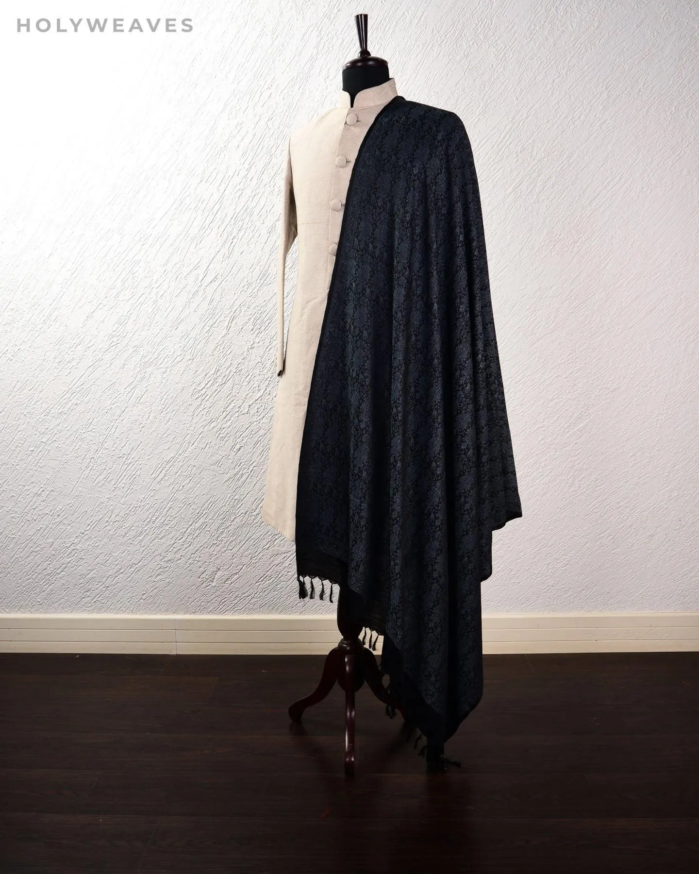 Black Gray Banarasi Jamawar Handwoven Silk Wool Shawl