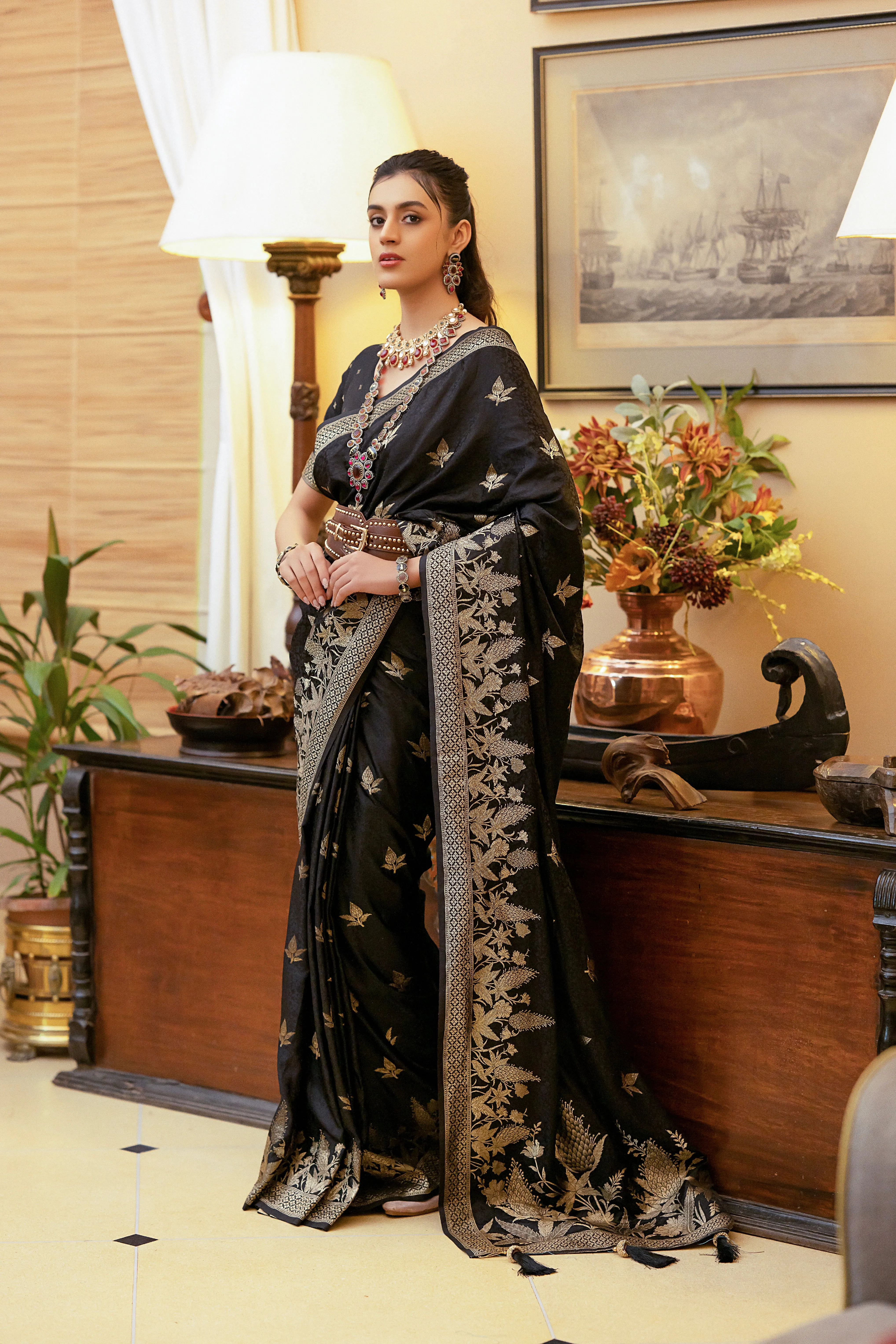 Black Satin Silk Saree with Intricate Zari Weaving and Satin Silk Blouse