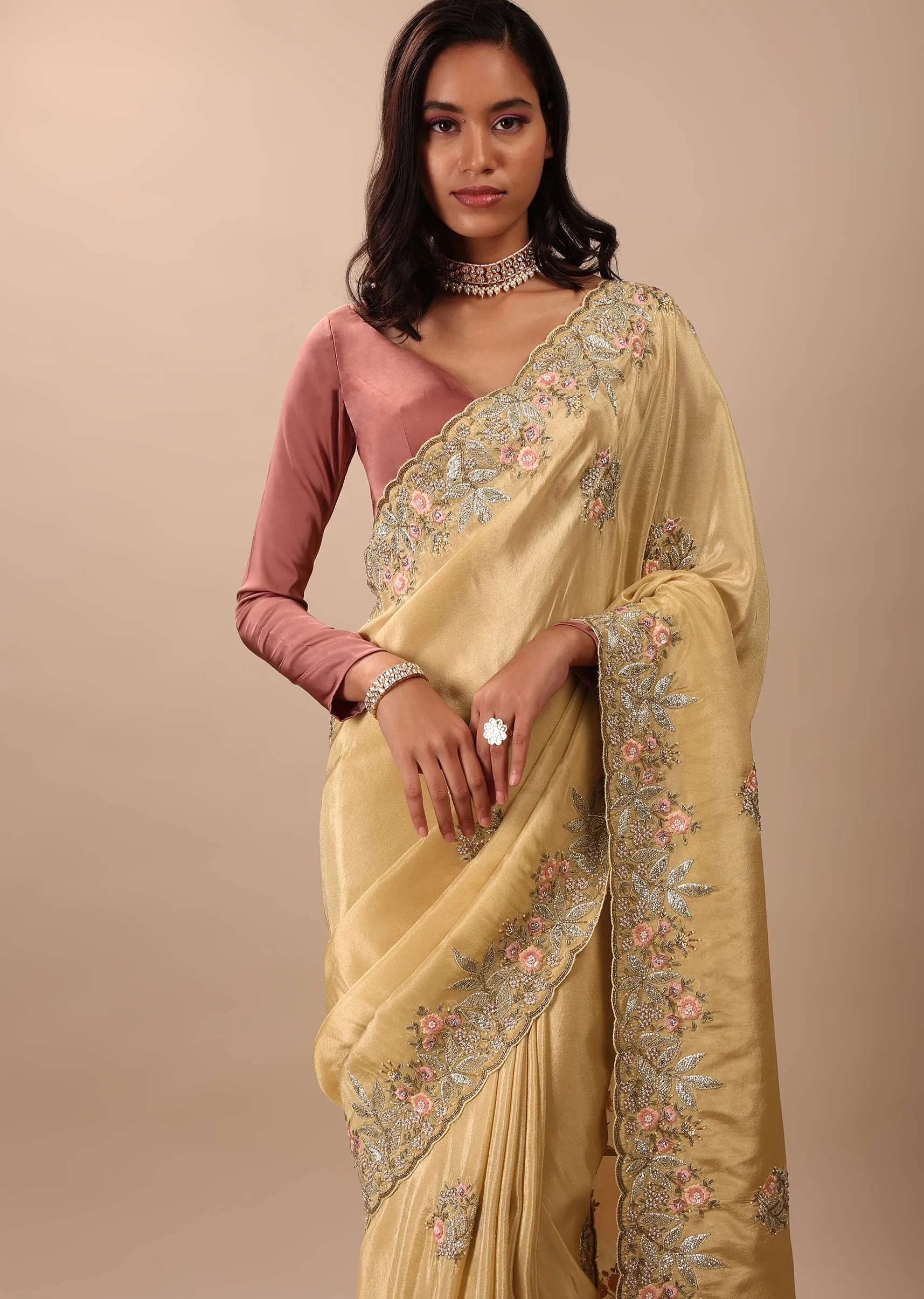 Canary Gold Yellow Saree In Glass Tissue Fabric And Gotta Resham Embroidery With Zardosi, Moti & Sequins