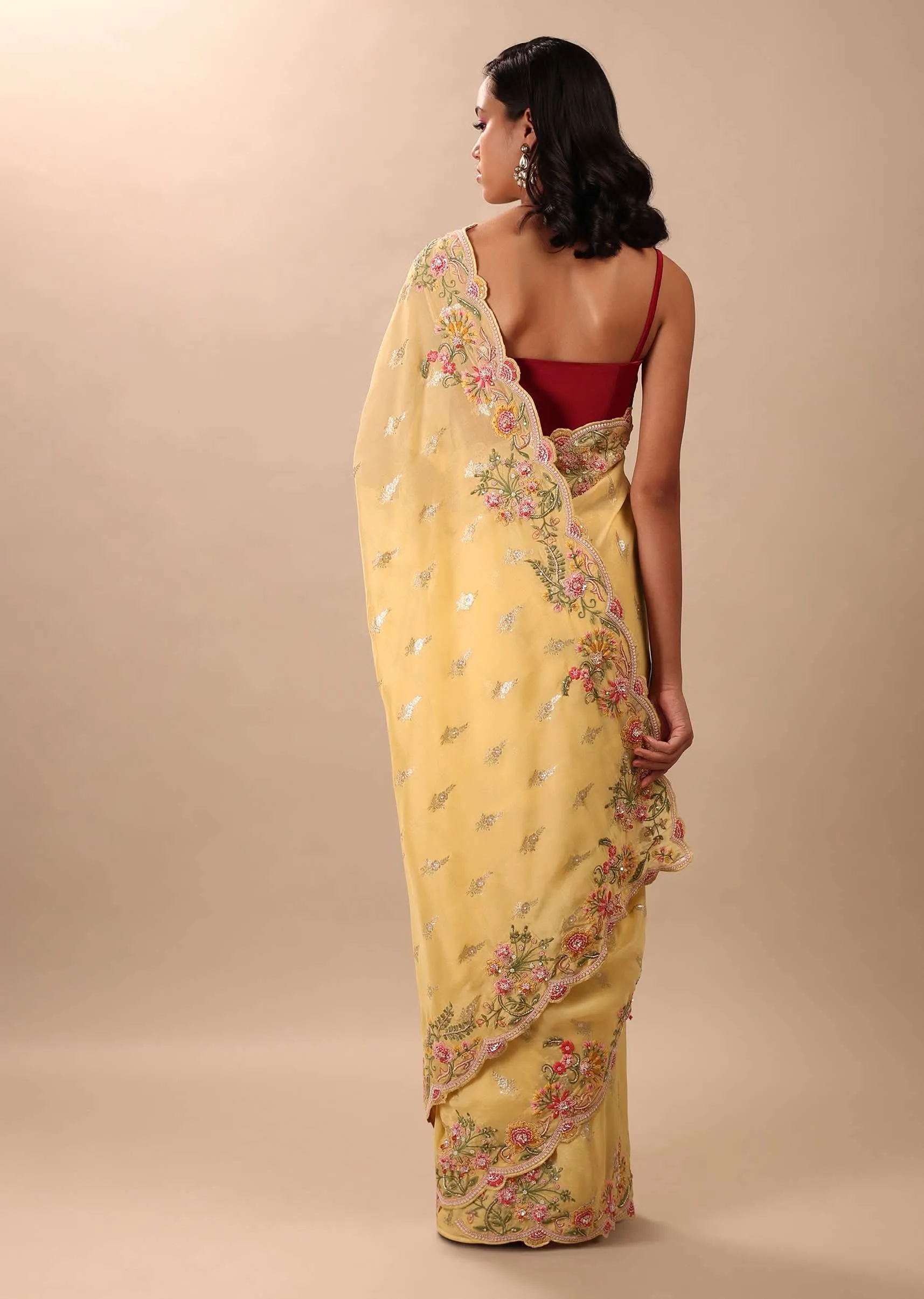 Canary Yellow Organza Saree With Brocade Buttis And Floral Embroidery In Zardosi