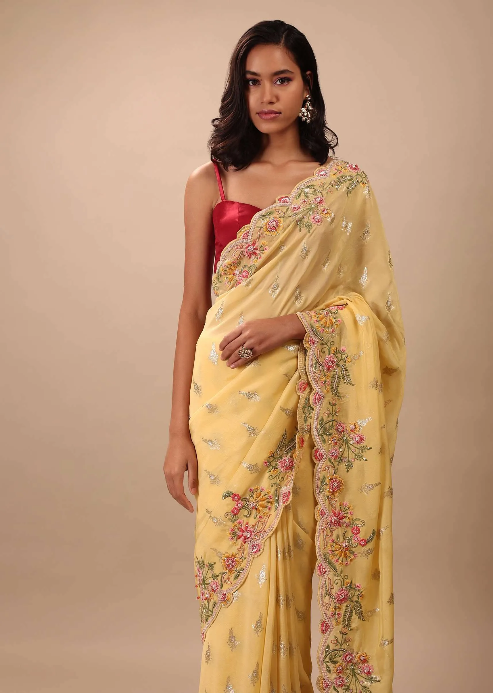 Canary Yellow Organza Saree With Brocade Buttis And Floral Embroidery In Zardosi