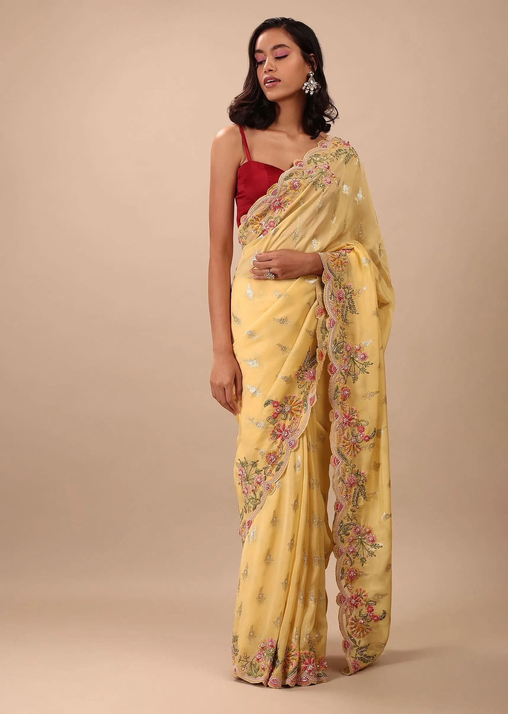 Canary Yellow Organza Saree With Brocade Buttis And Floral Embroidery In Zardosi