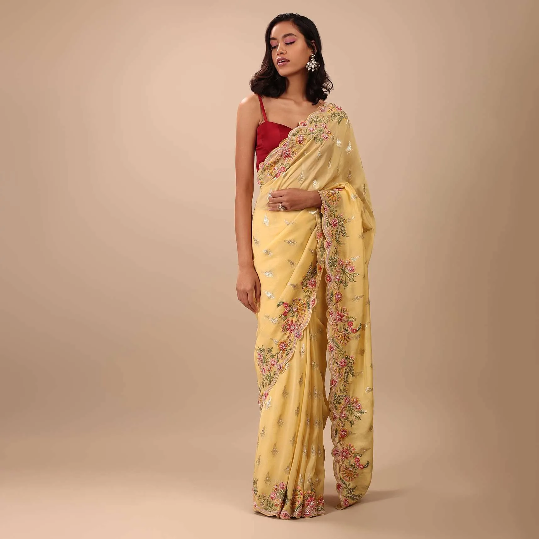Canary Yellow Organza Saree With Brocade Buttis And Floral Embroidery In Zardosi