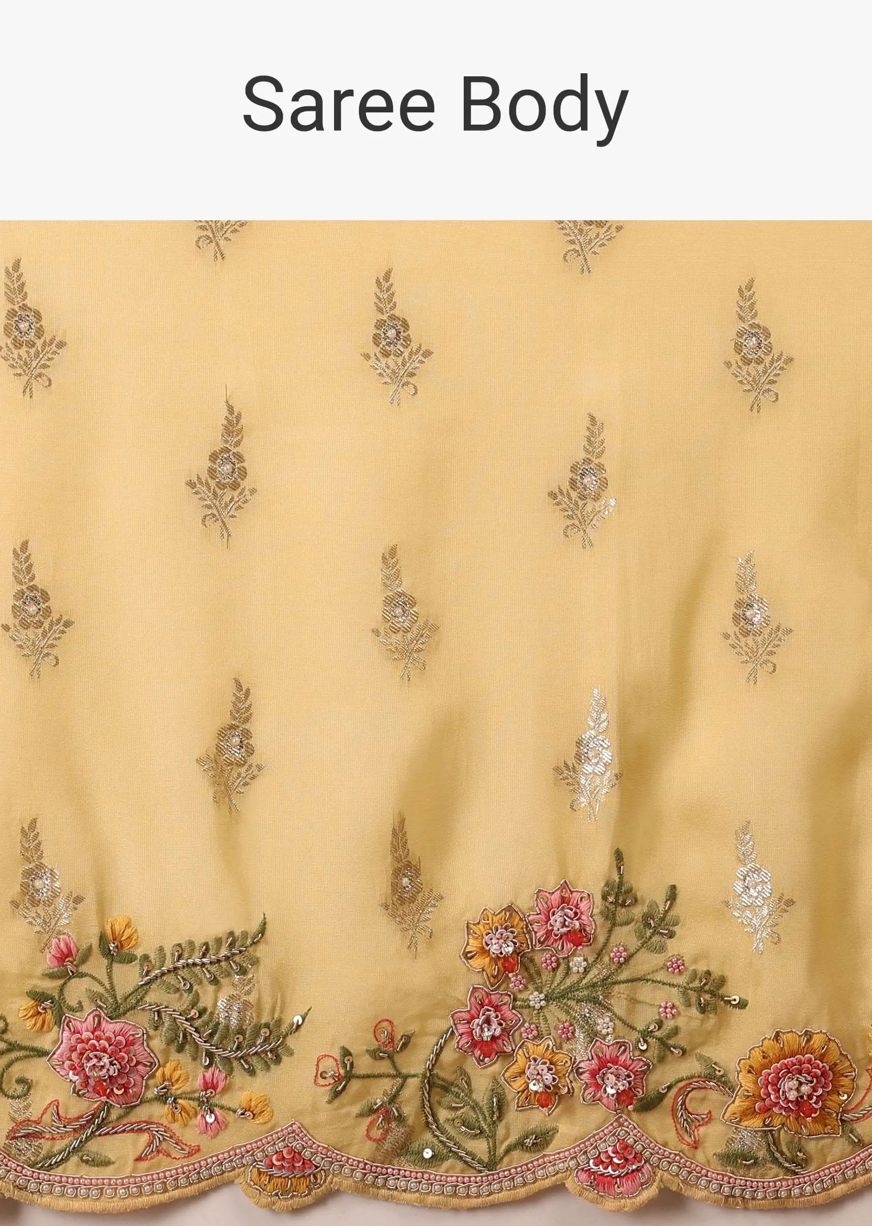 Canary Yellow Organza Saree With Brocade Buttis And Floral Embroidery In Zardosi