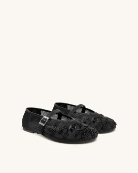 Caroline Beaded Floral Flats - Black