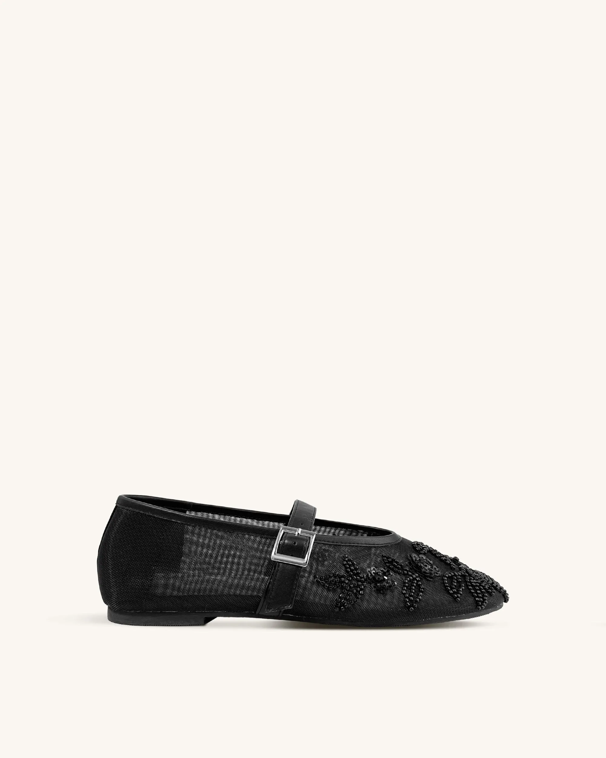 Caroline Beaded Floral Flats - Black