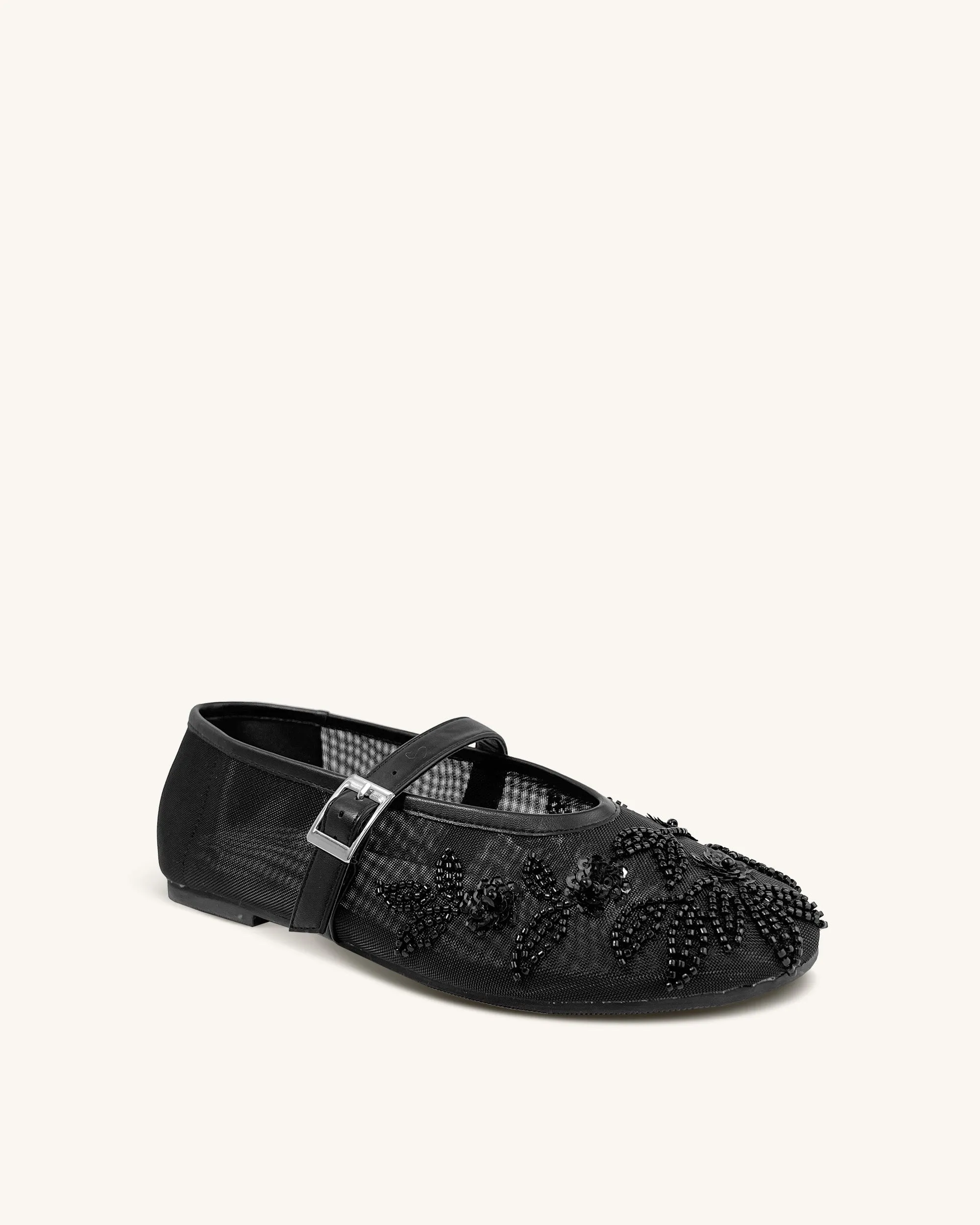 Caroline Beaded Floral Flats - Black