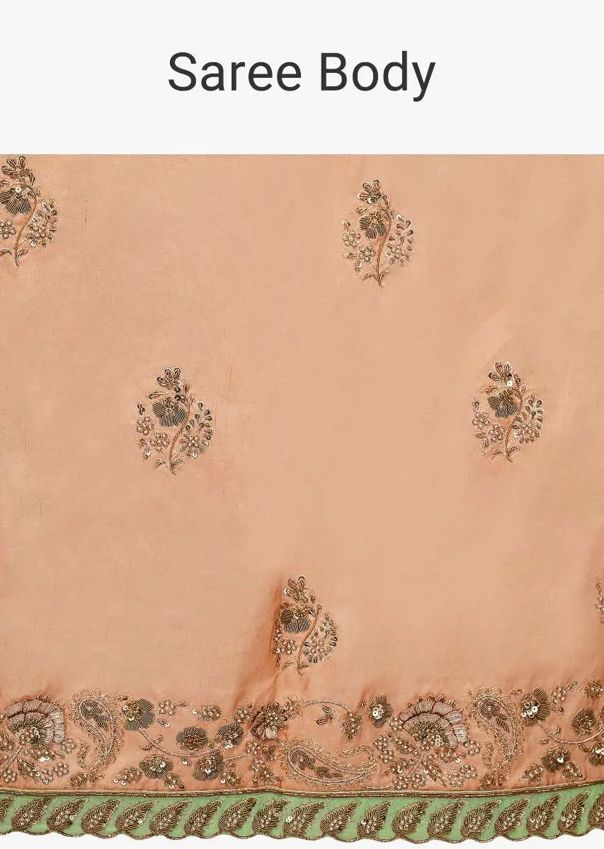 Cream beige cotton silk saree in with embroidered butti and border  in floral and paisley motif only on Kalki