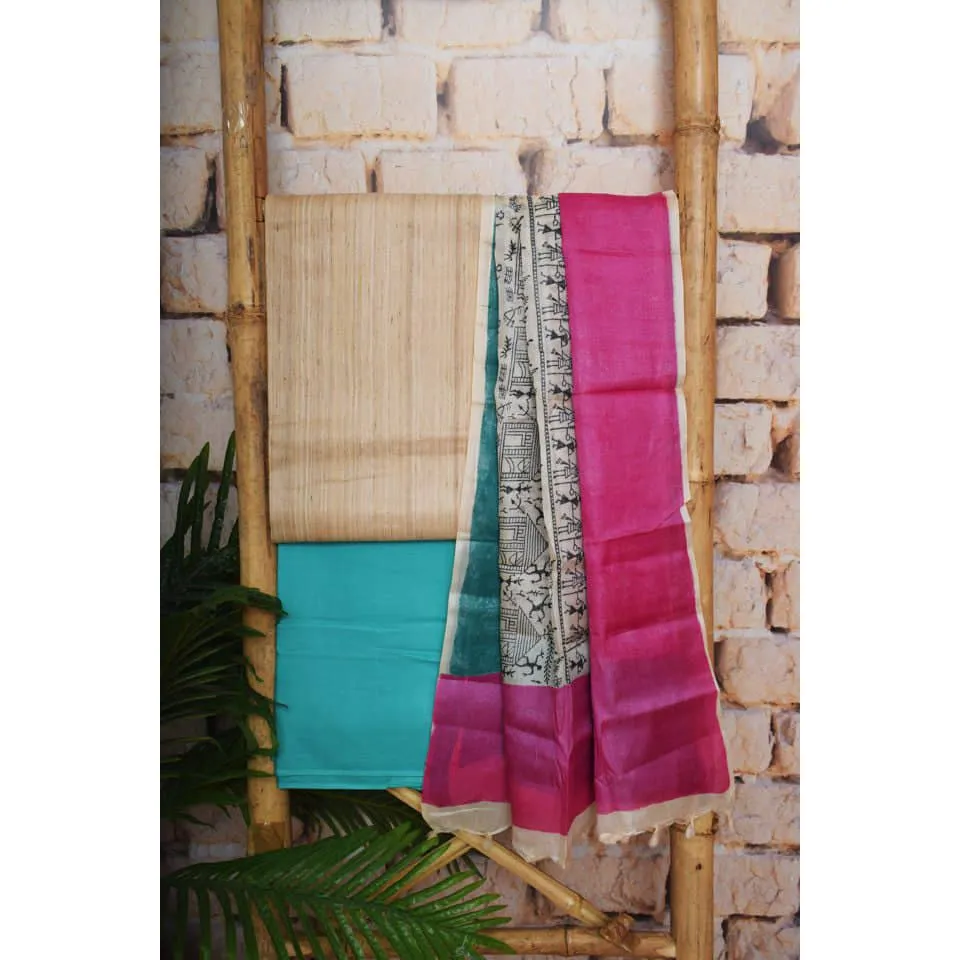 Cream Pure Tussar Silk Unstitched Suit
