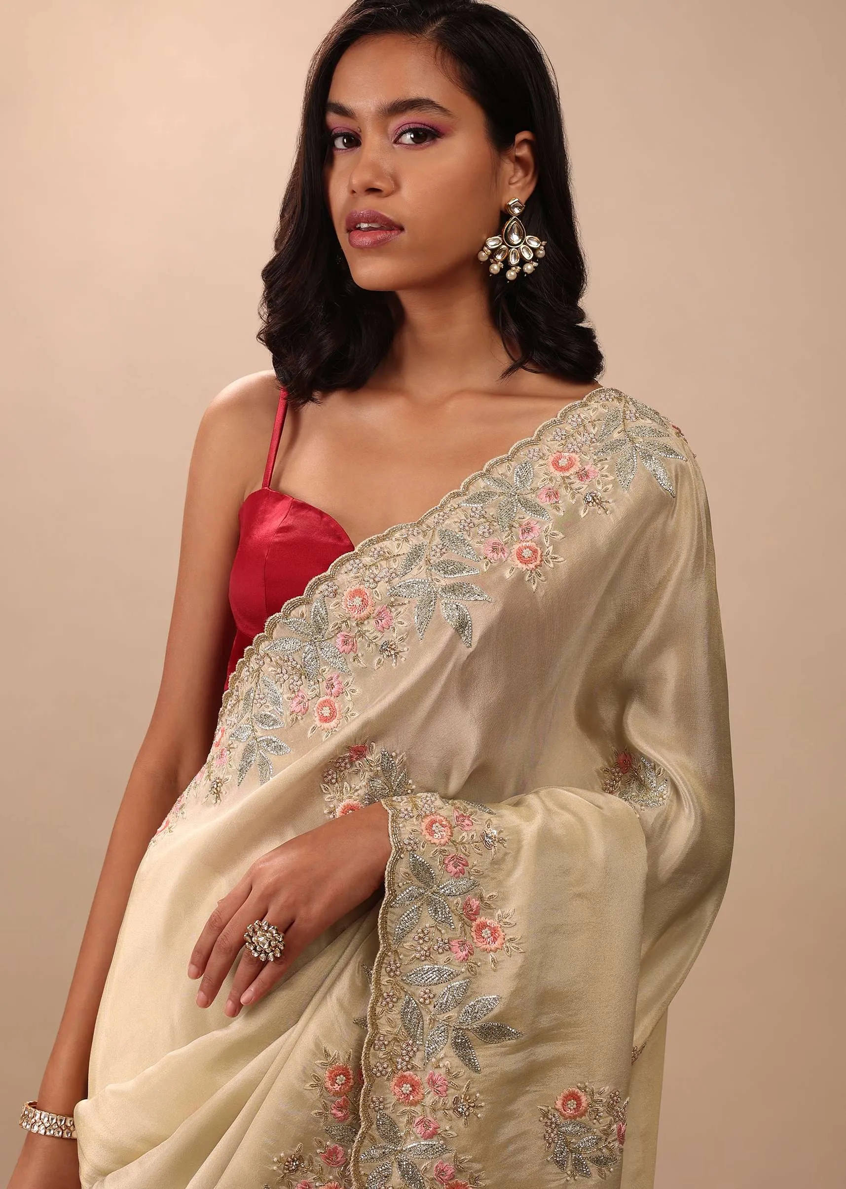 Cream White Saree In Glass Tissue Fabric And Gotta Resham Embroidery With Cut Dana, Moti & Sequins
