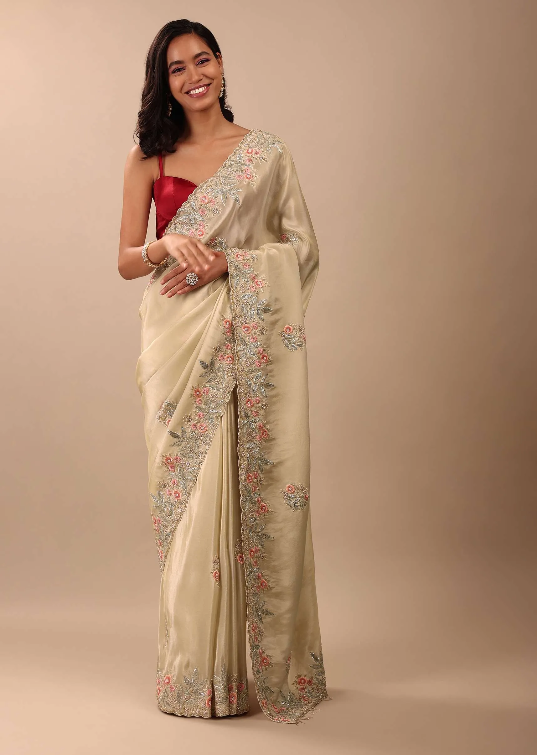 Cream White Saree In Glass Tissue Fabric And Gotta Resham Embroidery With Cut Dana, Moti & Sequins