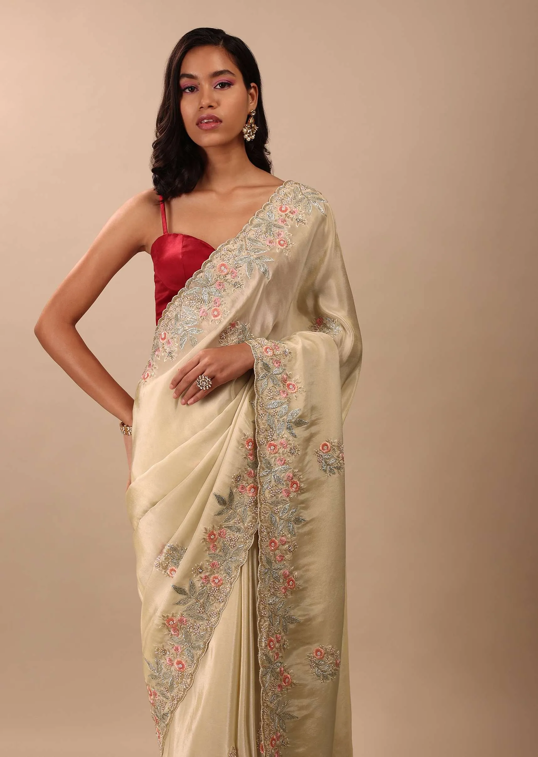 Cream White Saree In Glass Tissue Fabric And Gotta Resham Embroidery With Cut Dana, Moti & Sequins