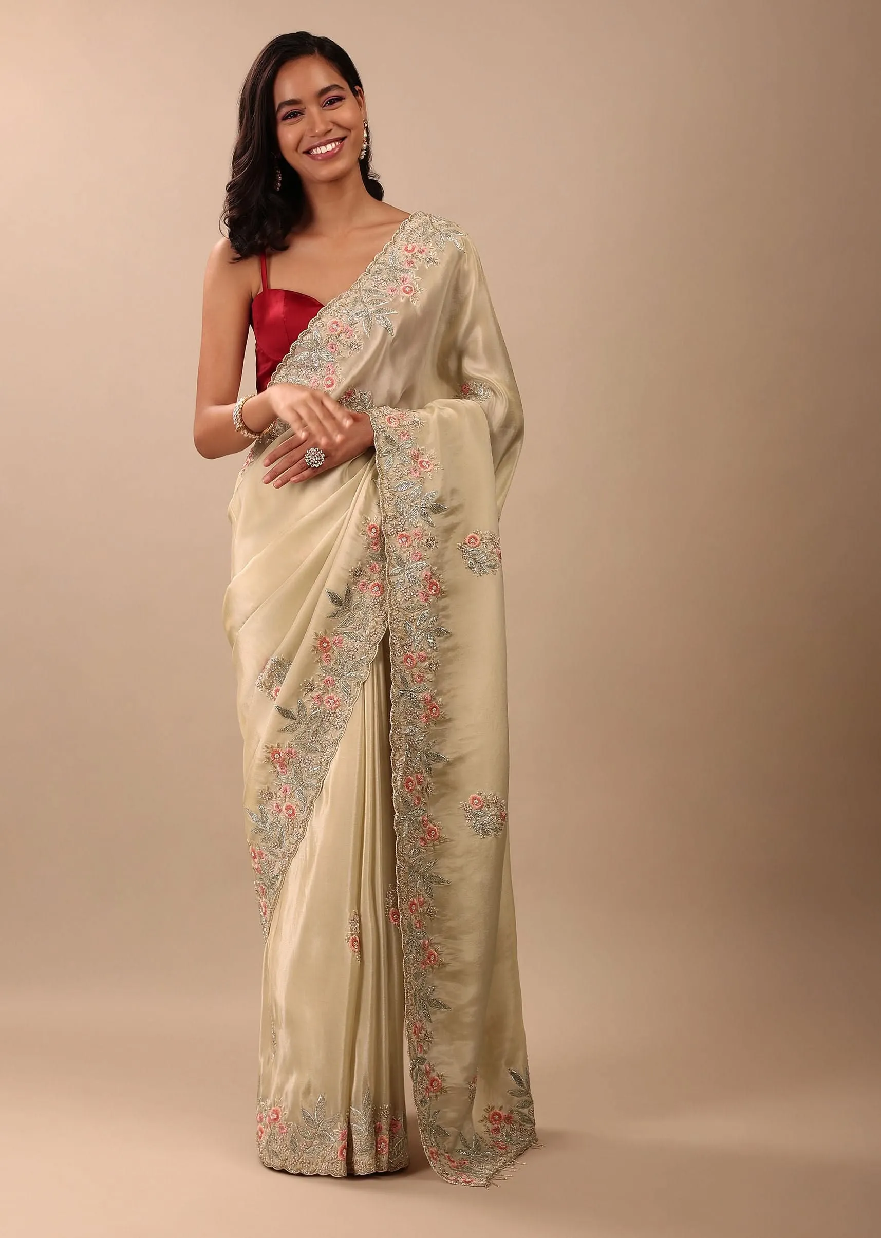 Cream White Saree In Glass Tissue Fabric And Gotta Resham Embroidery With Cut Dana, Moti & Sequins