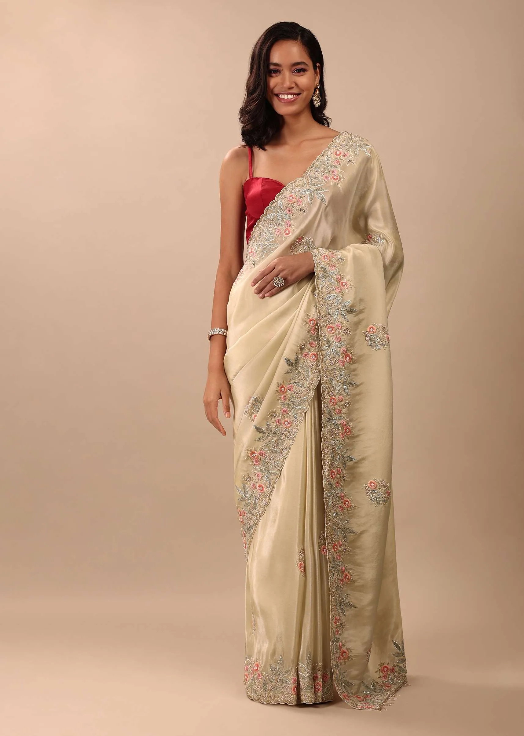 Cream White Saree In Glass Tissue Fabric And Gotta Resham Embroidery With Cut Dana, Moti & Sequins