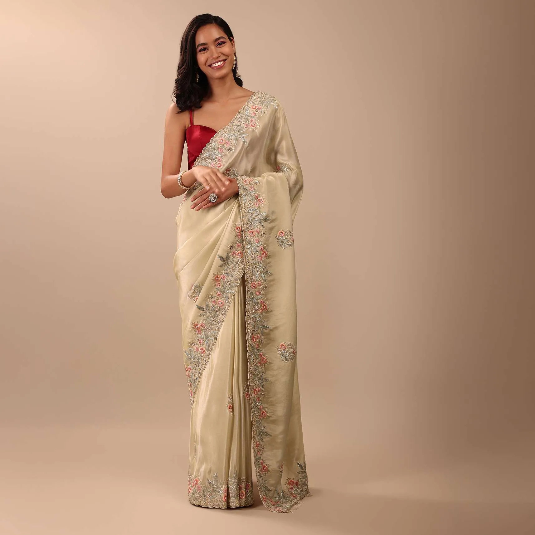 Cream White Saree In Glass Tissue Fabric And Gotta Resham Embroidery With Cut Dana, Moti & Sequins