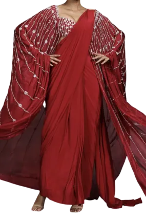 Crimson Beaded Pre-Draped Cape Sari
