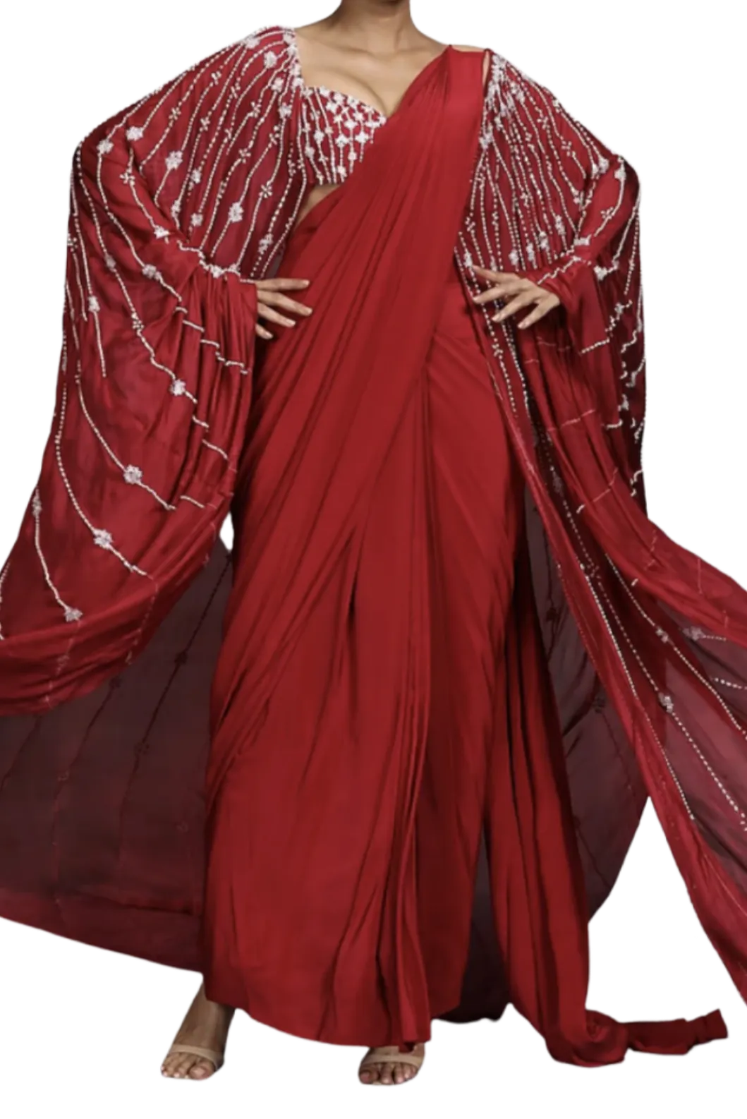 Crimson Beaded Pre-Draped Cape Sari