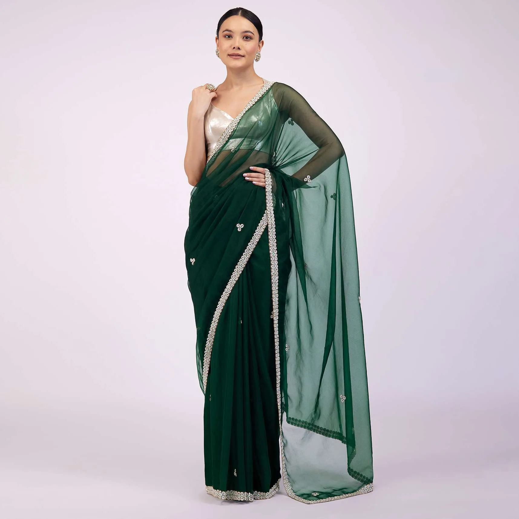 Deep Green Saree In Organza With Embroidery