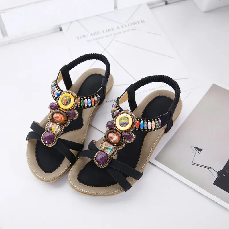 Ethnic Style Women's Beaded Sandals / Ladies Leisure PU Leather Summer Shoes