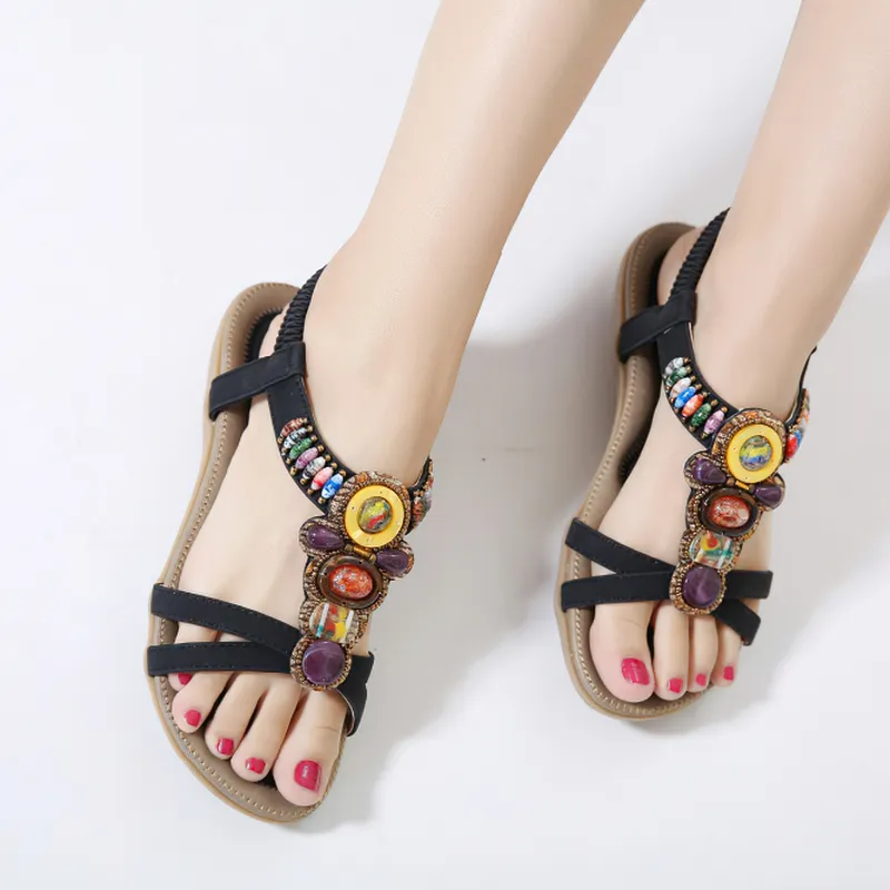 Ethnic Style Women's Beaded Sandals / Ladies Leisure PU Leather Summer Shoes