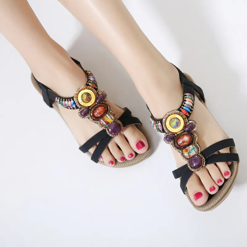 Ethnic Style Women's Beaded Sandals / Ladies Leisure PU Leather Summer Shoes