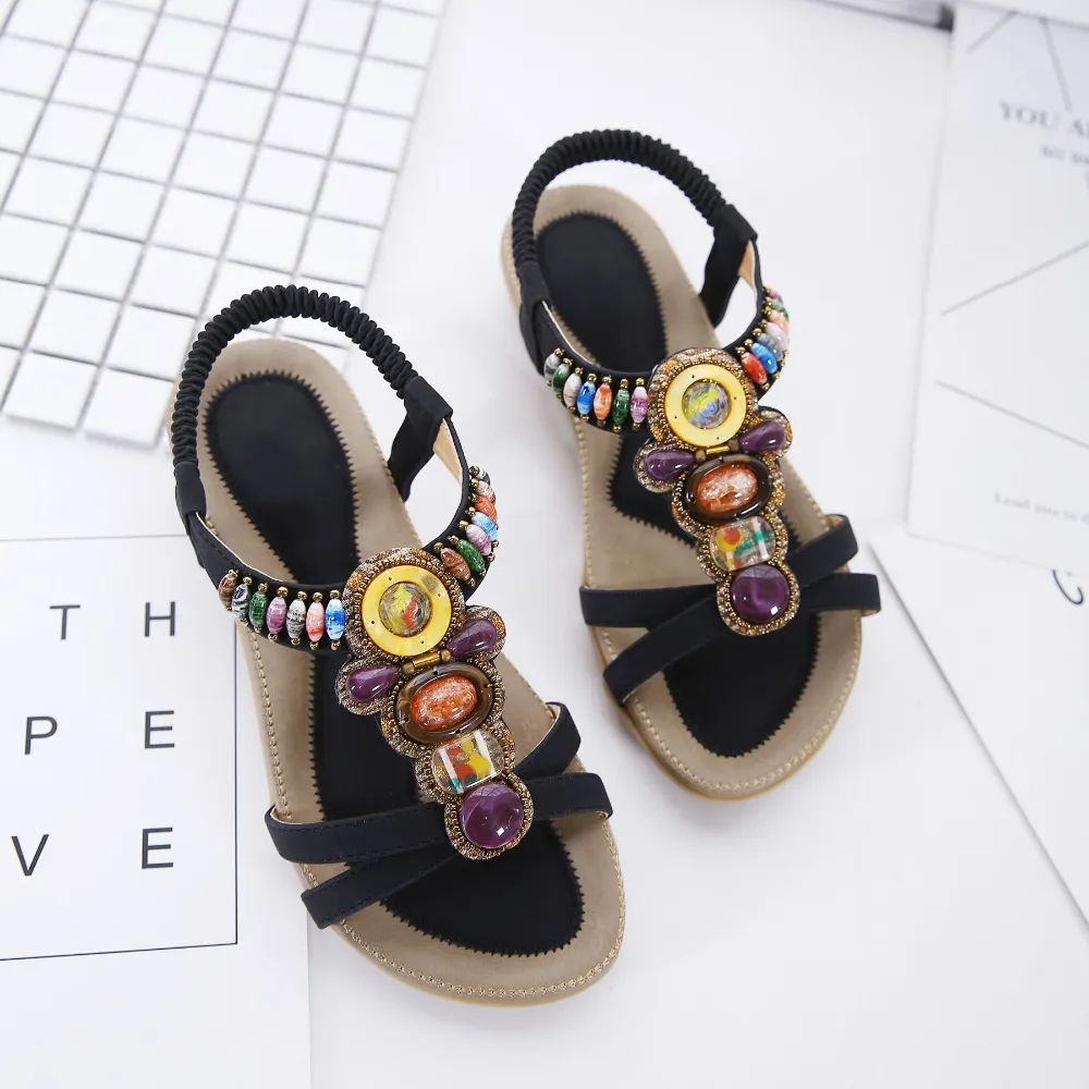 Ethnic Style Women's Beaded Sandals / Ladies Leisure PU Leather Summer Shoes