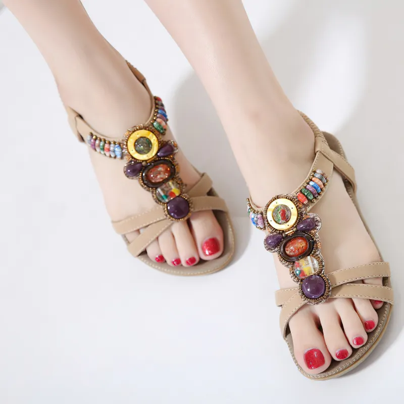 Ethnic Style Women's Beaded Sandals / Ladies Leisure PU Leather Summer Shoes