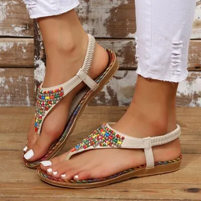 Explore More Collection - Beaded PU Leather Open Toe Sandals