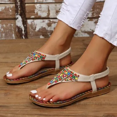 Explore More Collection - Beaded PU Leather Open Toe Sandals