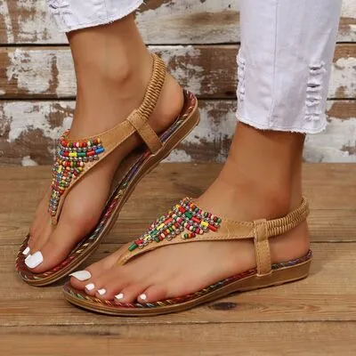 Explore More Collection - Beaded PU Leather Open Toe Sandals